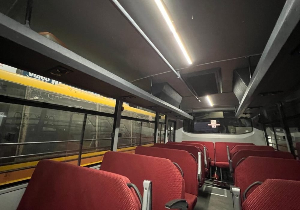 Finished bus interior with roof air conditioning ducting, Hedo workshop, Edappally