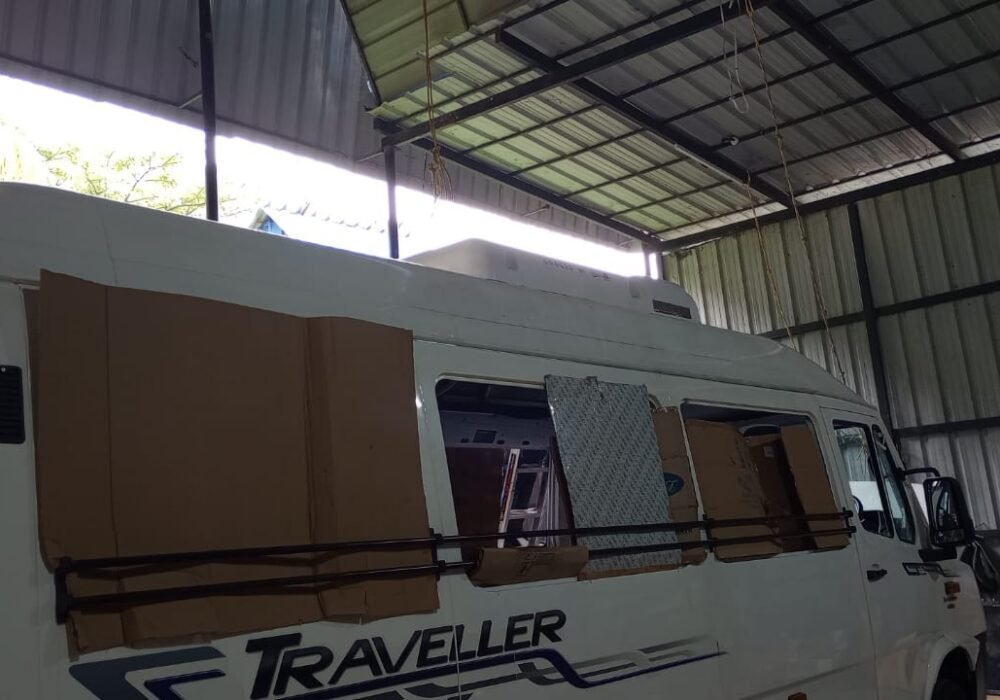Tempo Traveller in the Hedo workshop for rooftop air conditioning fitment, Edappally, Kochi