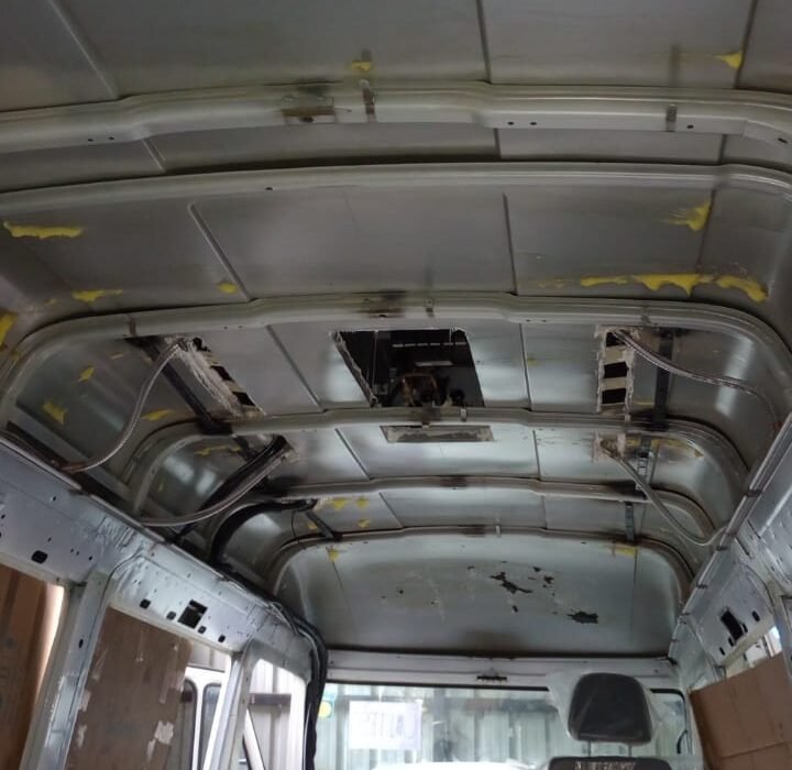 Traveller roof cutting for rooftop AC fitment (inside view), Hedo workshop, Edappally